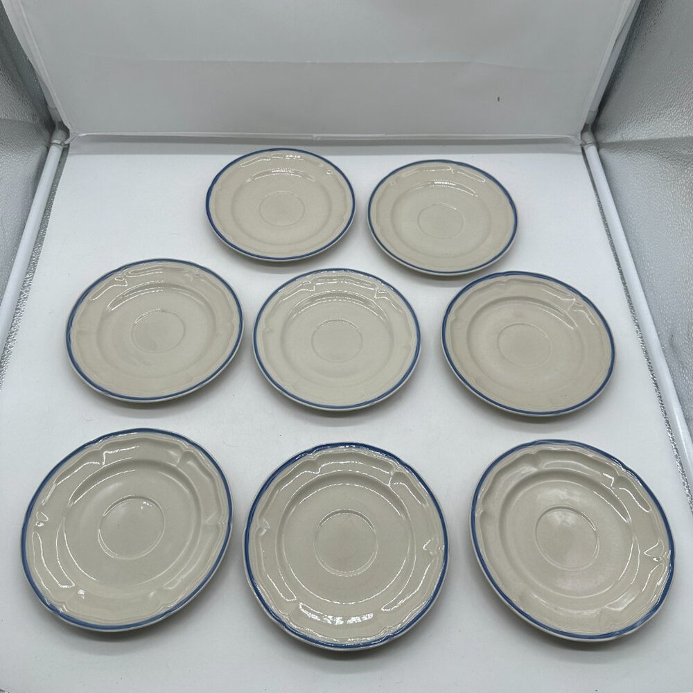 EUC Newcor Vineyard Saucers Japan  Cream & Blue Set of 8 Stoneware